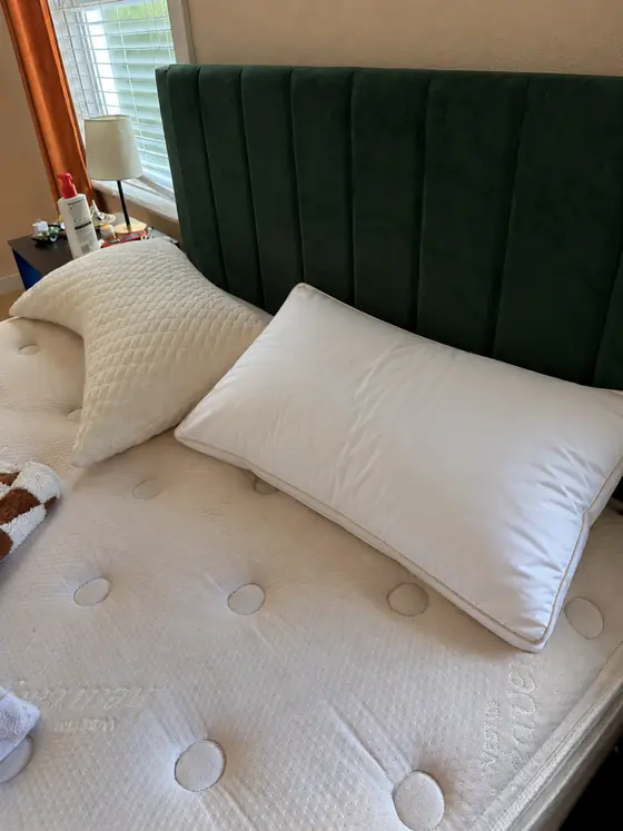 Customer photo from Nicole P.: the pillow on a mattress in front of a green headboard