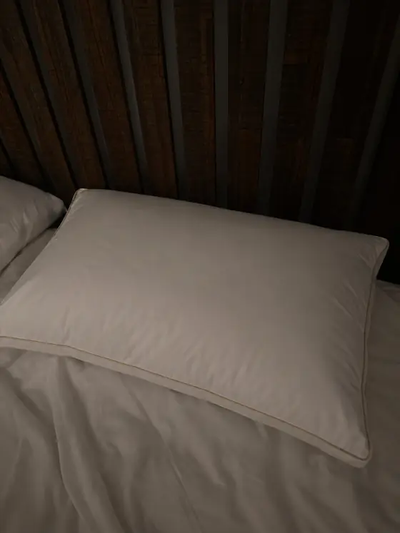 Customer photo from Rebecca S.: the pillow on a bed against a dark slatted headboard