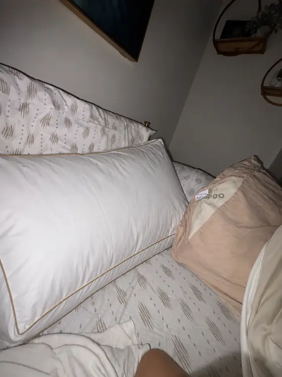 Customer photo from Michael V.: the pillow on a bed with patterned sheets