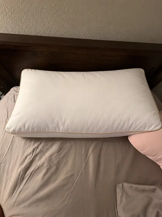 Customer photo from Matthew O.: the pillow on a bed against a dark wood headboard